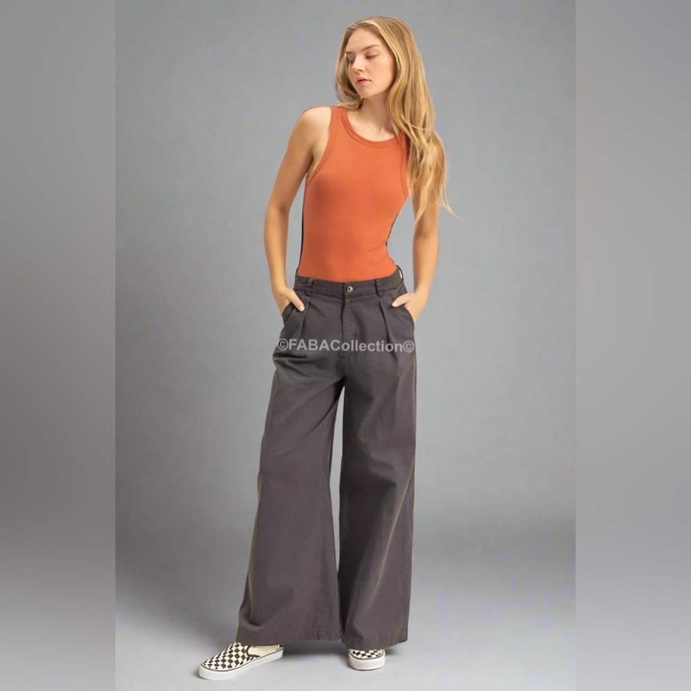 BRAND NEW Dark Grey / Black Women's Wide-Leg All-Cotton Pants